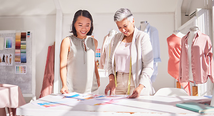 Image showing Business people, fashion and design in planning strategy, idea or discussion together at the office. Happy creative employee clothing designers in collaboration or conversation for business startup