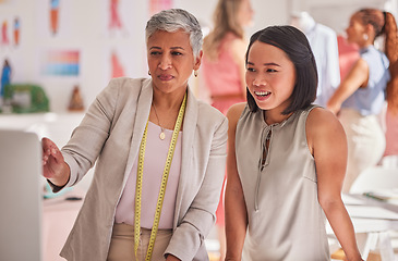 Image showing Fashion, designer and collaboration with business women and idea for retail, fabric and textile review in workshop studio. Boutique, factory and coaching with ceo and employee in tailor industry