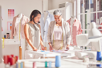 Image showing Teamwork, collaboration and fashion designer team working on a new collection, planning and sharing vision in a design studio. Partnership, women and creating thinking for fashion, clothing and idea