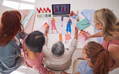 Image showing Designer, fashion or teamwork women planning, research or collaboration color swatch strategy for spring clothing line. Laptop, sketch or top view of team luxury design, creative idea or consulting