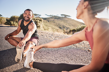 Image showing Fitness, stretching and running with couple in road for health, sports and training together. Workout, personal trainer and exercise warm up with man and woman runner for summer, cardio and endurance