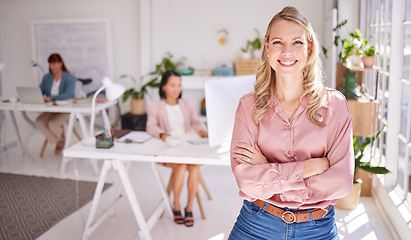 Image showing Business woman, portrait and arms crossed with smile in office. Vision, leadership and success mindset of confident female manager, ceo or company leader happy with goals, targets or career growth