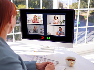 Image showing Business woman, video call and computer in a office for a discussion, zoom and webinar for a virtual meeting with management. Split screen, video conference and online meeting for remote work staff