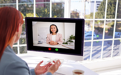 Image showing Video call, computer and business woman in office, video conference or remote meeting. Business meeting, discussion or employee in webinar, interview video chat or online sales workshop in workplace