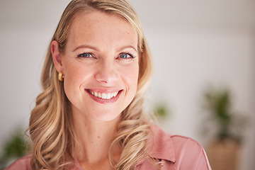 Image showing Business woman, face and portrait smile for vision, ambition or career success with a blurred background. Happy blond female leader smiling with teeth in satisfaction for successful company startup