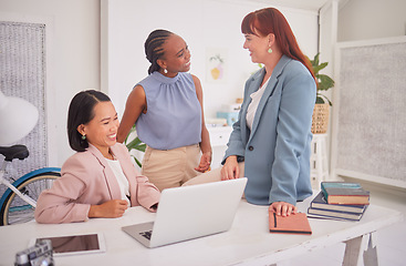 Image showing Women empowerment, diversity and business people team talking about digital marketing campaign for international womens day. Social media advertising agency, relax conversation and girl friends chat