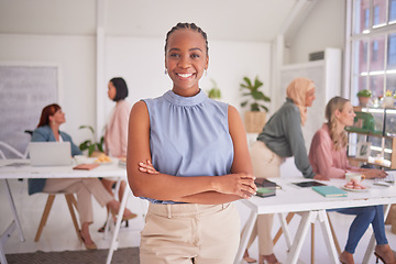 Image showing Office portrait of designer, team leader or confident black woman ready for interior design, management or leadership. Women empowerment, success and diversity business people with trust in manager