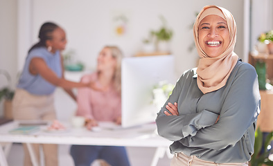 Image showing Hijab, senior business manager and woman portrait of a muslim ceo happy about office teamwork. Proud web marketing leader with working women team smile about startup success and leadership growth