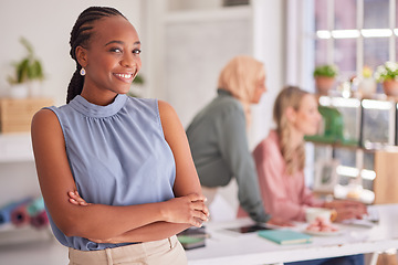 Image showing Black woman, business portrait and arms crossed in startup company, marketing agency and office for goals, vision and motivation. Happy entrepreneur, professional employee and worker in modern office