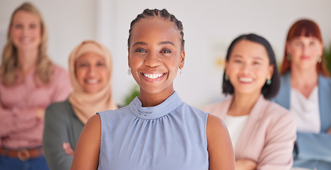 Image showing Business people, diversity and smile for corporate leadership, management or teamwork at the office. Portrait of diverse happy and proud employee executives smiling with vision or ambition for career