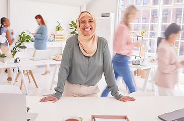 Image showing Muslim business woman, happy portrait or leadership in busy office, marketing or advertising company with smile. Islamic, employee or worker with hijab for success, vision or motivation and mindset