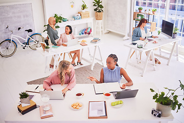 Image showing Business, inclusive and women partnership in office, busy and collaboration on idea, goal and mission. Diversity, business people and teamwork on design project, marketing and sharing strategy