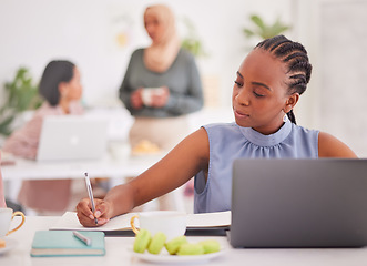 Image showing Writing, notebook and woman planning event marketing, social media advertising and diversity campaign schedule. Planner, startup small business and employee black girl working in coworking office