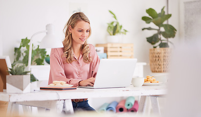 Image showing Laptop, business woman and front desk worker writing email, check schedule and appointment at desk. Happy, professional and receptionist smile, relax and enjoy working at legal firm, content and calm