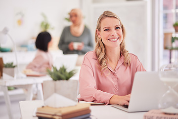 Image showing Portrait, laptop and business woman with a vision for design, creative and online project idea in office, happy and ambition. Web design, lady and vision by empowered designer enjoy corporate career