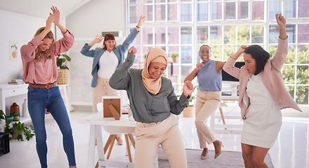 Image showing Success, dance and office celebration by business people celebrating victory, goal and mission accomplishment together. Corporate, win and business women team dancing after good news about startup