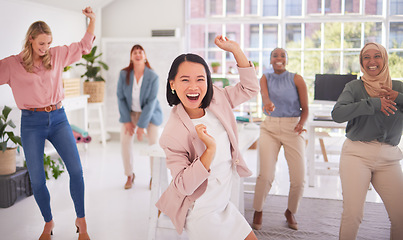 Image showing Celebration dance, diversity women and team celebrate startup small business growth, success or achievement. Group team building leader, crazy energy and excited people dancing in marketing agency