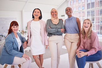 Image showing Diversity, women and portrait of a team in the office in meeting, team building or project planning. Happiness, collaboration and work friends standing together in their coworking space in workplace.