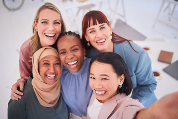 Image showing Business, friends and office selfie with happy business women excited, inclusive and relax together. Diversity, face and team of empowered businesswomen smile for picture in support of collaboration