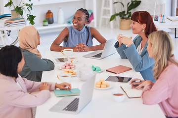 Image showing Business people, diversity and meeting or social discussion in team building, planning or ideas at the office. Happy group of creative employee workers enjoying team conversation in business strategy