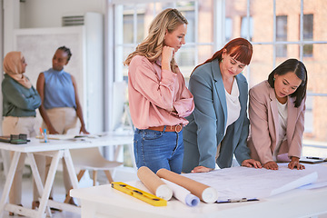 Image showing Architecture, team and blueprint with business people in meeting for planning, project management and development. Collaboration, idea and consulting with employee for design, engineering or building