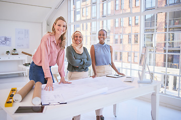 Image showing Teamwork, architecture and portrait of women in office standing by desk with blueprint, paperwork and plans. Engineering, planning and group of designers with tools, engineering design and project