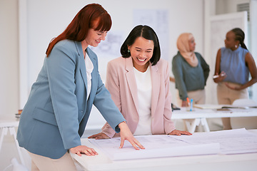 Image showing Planning, architecture and collaboration with women and blueprint for designer, engineering and building. Project management, team and vision with business people for construction, meeting and goals