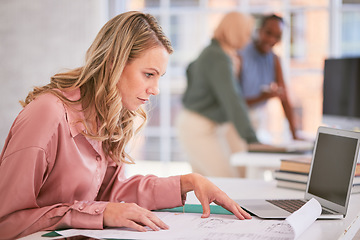 Image showing Interior design, architecture and blueprint with woman planning ideas, drawing and construction, engineering and strategy in agency. Female manager, project management and paper floor plan in office