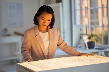 Image showing Architect, blueprint and planning on paper, strategy and floor plan, construction and building design in architecture company. Expert, engineering female or industrial engineer thinking and idea