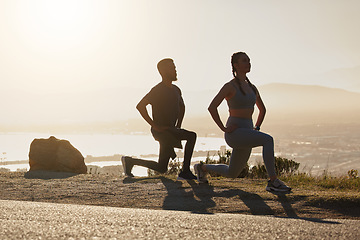 Image showing Fitness, beach and couple doing a lunge exercise for health, wellness and training in nature. Motivation, sports and healthy man and woman athletes doing an outdoor workout by the ocean at sunset.