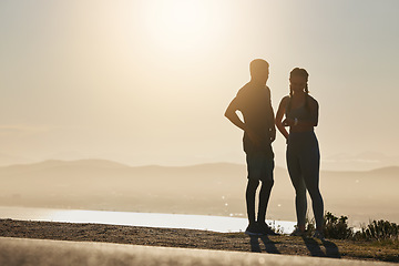 Image showing Fitness watch, sun and exercise couple check interactive ui screen for heart rate biometric, workout time or steps tracking. Freedom peace, sky flare mockup or health friends training with smartwatch