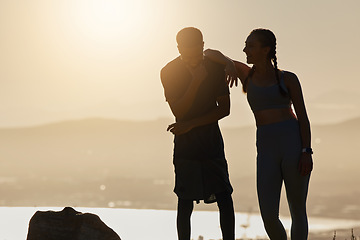 Image showing Fitness, silhouette and couple talking in nature on break after workout outdoors. Sunset, happy man and woman discussing goals, training or target together after running or exercising for wellness.