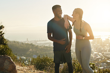 Image showing Fitness, nature sunset and diversity friends relax on cardio workout, hiking exercise or couple training. Freedom peace, sky flare and black man and woman running in Los Angeles Hollywood mountains