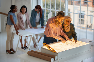 Image showing Interior design, architecture teamwork and business women meeting, floor plan and creative ideas, engineering or strategy. Female designer collaboration, blueprint and project management at light box