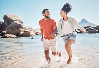 Image showing Black couple, beach and running while holding hands on vacation in summer by the sea for energy, love and care while bonding and spending quality time. Man and woman together on holiday in Bali