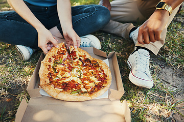 Image showing Friends, park and pizza with people relaxing outside for bonding, fun and fast food enjoyment. Consumables, junk food and man and woman relaxing in a garden while eating carbs and takeaway food