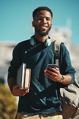 Image showing Student, man and phone in the city for studying, education and knowlegde break. African american man, university or college student and online social media browsing or texting before class