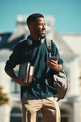 Image showing Student, phone and happy on college, university and school campus with bag, textbook and smile outdoor. Black man, scholarship and education with lecture schedule online and happy with exam result