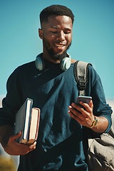 Image showing Social media, student and black man with a phone at a college for communication, contact and mobile app. Studying, smile and African education learning on a mobile with 5g internet at university