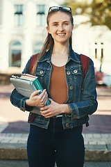 Image showing Portrait, woman student or holding books with smile, ready for class or confident for studies. Course, young female or girl stand with novels, journals or happy for lesson, casual or outdoor to relax