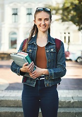 Image showing Portrait, woman student or holding books with smile, confident or ready for class studies. Course, young female or girl stand with journals, novels or happy for lesson, trendy or outdoor to relax