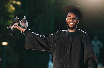Image showing Student portrait, graduate and pigeon with a smile, hat and cloak for graduation, celebration and achievement outdoor in park. University, college or school man with happiness for education success
