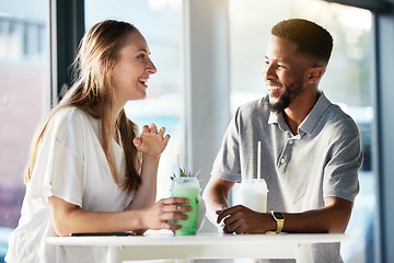 Image showing Couple, drink and happy with talking, date and enjoy in shop, cafe or store with smile, happy and romance. Interracial man, woman or friends in funny conversation, communication and bonding together