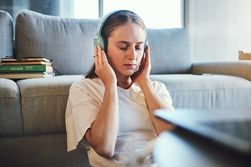 Image showing Student, stuyding and headphones for relax, mental health and wellness music for higher education. Girl, university student and break from studies for education and knowledge and comfort