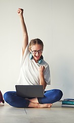 Image showing Laptop, excited and woman in celebration for a win on an online game on the internet with technology. Computer, good news and girl student celebrating success or pass on a university test or project.