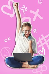 Image showing Education, celebration and laptop with a woman student on a wallpaper background to promote learning. Computer, success and winner with a female university pupil cheering while studying on pink