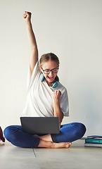 Image showing Laptop, success and woman getting news of scholarship, loan approval or email with good news against wall with mockup. Student, winner and excited girl with winning fist for exam, results and review