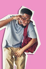 Image showing African american, man and student with peace sign and gesture for education and knowledge on a cut out pink background with mockup. University student, guy and learning or study with hand sign