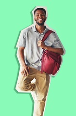 Image showing University, education and portrait of student and man with backpack ready for learning and studying. Scholarship, smile and excited male college student from Nigeria on a green cut out background.