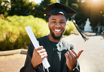 Image showing Student graduation, black man with certificate in outdoor park or portrait of goal achievement in African university campus. Education success, happy graduate with college diploma or law scholarship